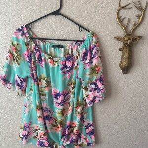 Tropical Floral Off-Shoulder Blouse - Turquoise